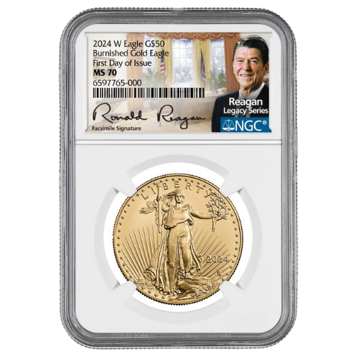 2024-W NGC MS-70 First Day Of Issue 1 oz American Gold Eagle Burnished Coin – Exclusive Reagan Label