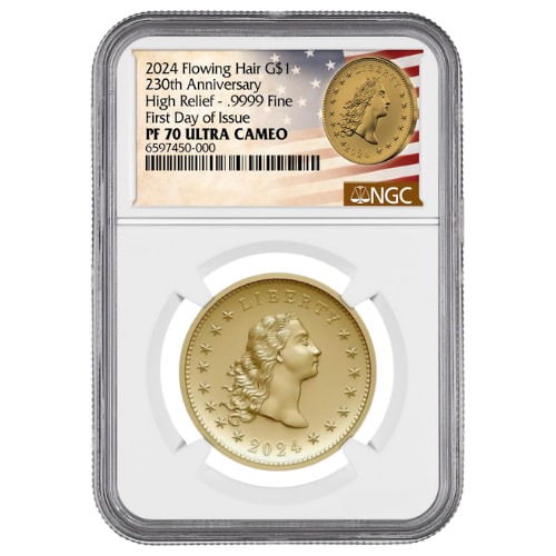 2024 NGC PF-70 First Day of Issue 1 oz US 230th Anniversary Flowing Hair Proof Gold Coin - Flowing Hair Label
