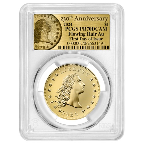 2024 PCGS PR-70 First Day of Issue 1 oz US 230th Anniversary Flowing Hair Proof Gold Coin - Flowing Hair Label