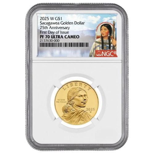 2025-W NGC PF-70 First Day of Issue 1/2 oz 25th Anniversary Sacagawea Dollar 24k Proof Gold Coin