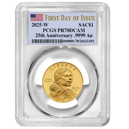 2025-W PCGS PR-70 First Day of Issue 1/2 oz 25th Anniversary Sacagawea Dollar 24k Proof Gold Coin