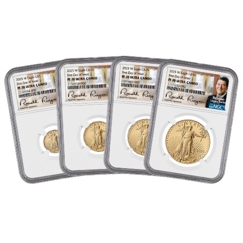 2025-W US Gold Eagle NGC PF-70 First Day of Issue Ultra Cameo Reagan Label 4 Coin Proof Set