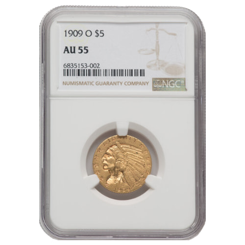 1909-O NGC AU-55 $5 Indian Half Eagle Gold Coin