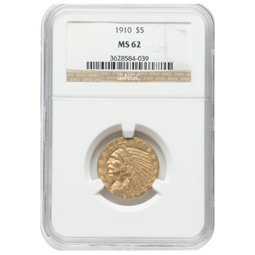 1910 NGC MS-62 $5 Indian Head Half Eagle Gold Coin