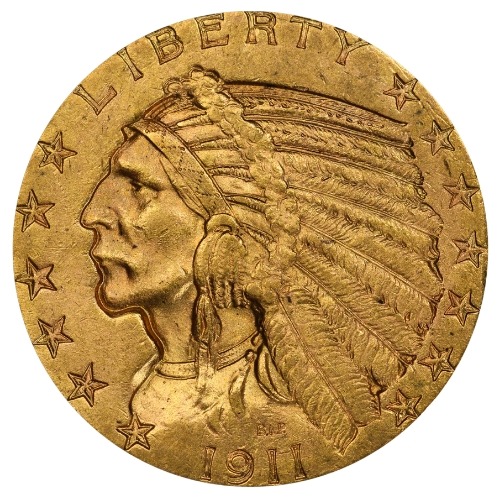 1911-S $5 Indian Half Eagle Gold Coin - BU