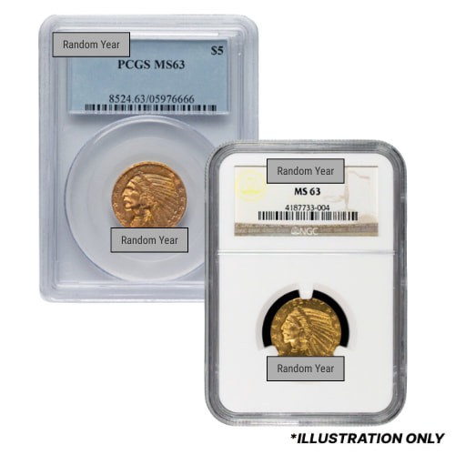 NGC/PCGS MS-63 $5 Indian Half Eagle Gold Coin - Random Year