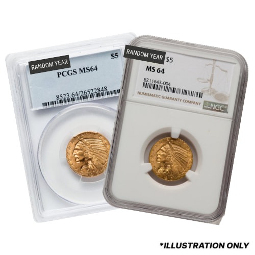 NGC/PCGS MS-64 $5 Indian Half Eagle Gold Coin - Random Year