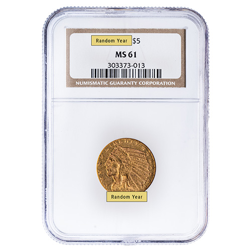NGC MS-61 $5 Indian Half Eagle Gold Coin - Random Year