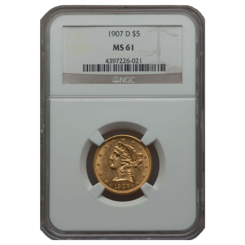 1907-D NGC MS-61 $5 Liberty Head Gold Half Eagle Coin
