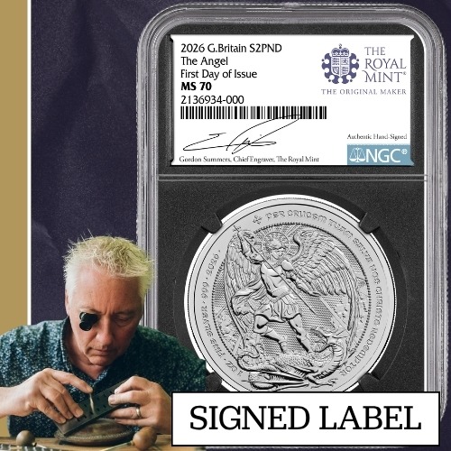 2026 NGC MS-70 First Day of Issue 1 oz British Angel Silver Coin - Gordon Summers Label