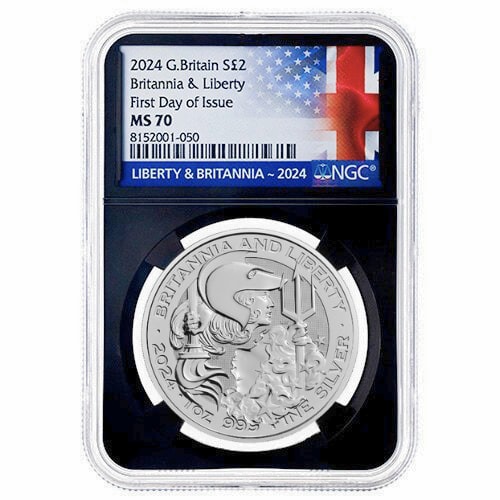 2024 NGC MS-70 First Day of Issue 1 oz British Silver Britannia and Liberty Coin - Black Core