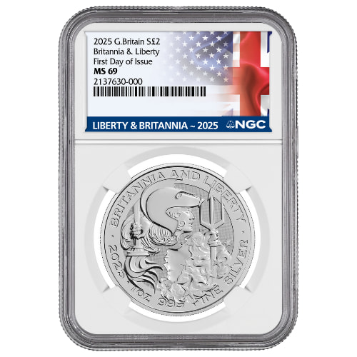 2025 NGC MS-69 First Day of Issue 1 oz British Silver Britannia and Liberty Coin