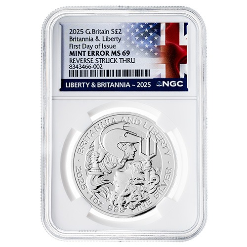 2025 NGC MS-69 First Day of Issue 1 oz British Silver Britannia and Liberty Coin - Mint Error