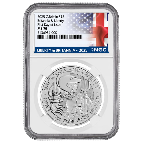 2025 NGC MS-70 First Day of Issue 1 oz British Silver Britannia and Liberty Coin