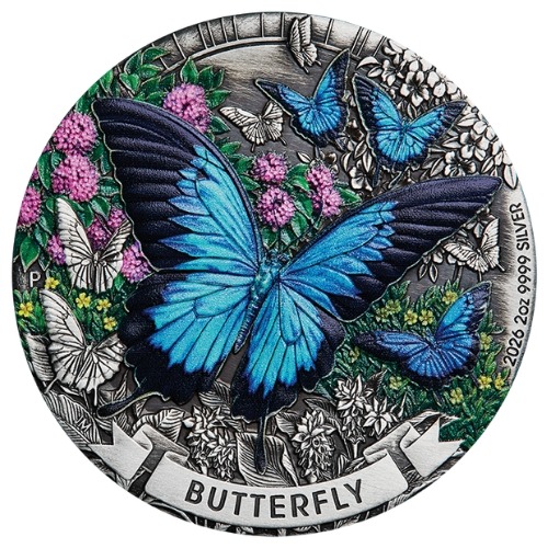 2026 2 oz Australian Butterfly Antique Colorized Silver Coin with Box and COA