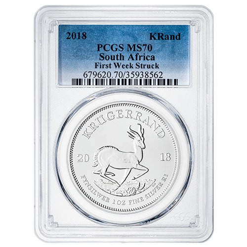 2018 PCGS MS-70 First Week Struck 1 oz South African Silver Krugerrand Coin