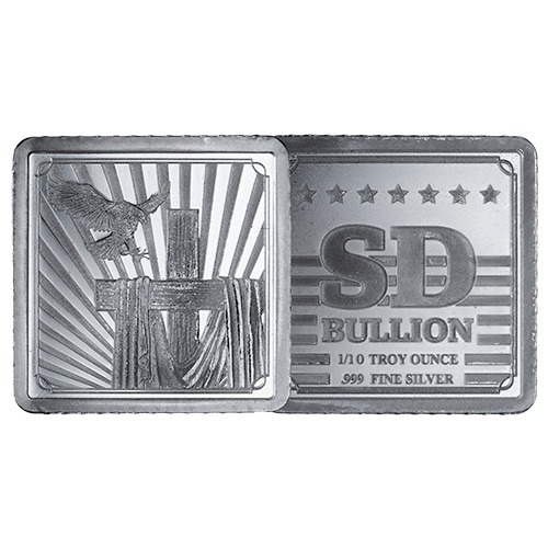 1/10 oz SD Bullion Cross and Flag Square Silver Bar