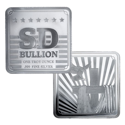 1 oz SD Bullion Cross and Flag Square Silver Bar