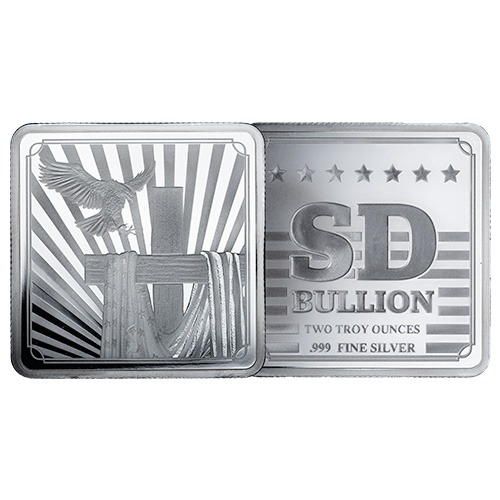 2 oz SD Bullion Cross and Flag Square Silver Bar