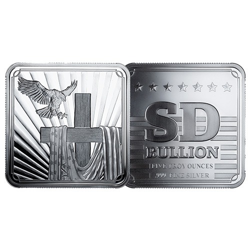 5 oz SD Bullion Cross and Flag Square Silver Bar