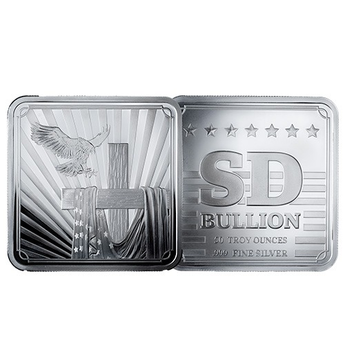 50 oz SD Bullion Cross and Flag Square Silver Bar