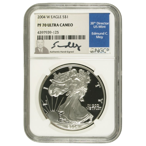 2004-W NGC PF-70 1 oz American Silver Eagle Proof Coin - Edmund C. Moy Label