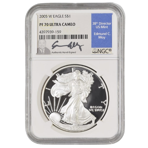 2005-W NGC PF-70 1 oz American Silver Eagle Proof Coin - Edmund C. Moy Label