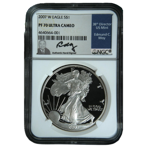 2007-W NGC PF-70 1 oz American Silver Eagle Proof Coin - Edmund C. Moy Label