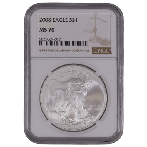 2008 NGC MS-70 1 oz American Silver Eagle Coin - Brown Label