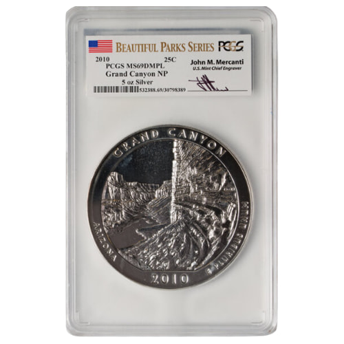 2010 PCGS MS-69 DMPL 5 oz America the Beautiful Grand Canyon Silver Coin - John Mercanti Label