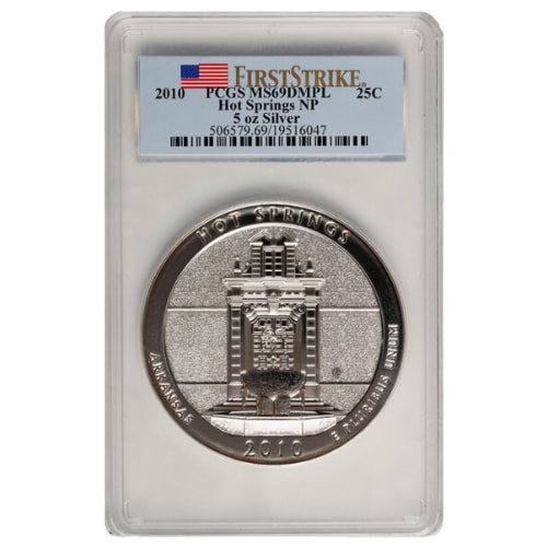 2010 PCGS MS-69 DMPL First Strikes 5 oz America The Beautiful Hot Springs Silver Coin