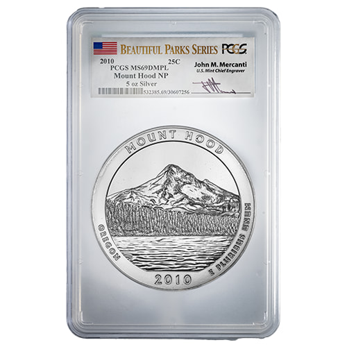 2010 PCGS MS-69 DMPL 5 oz America The Beautiful Mount Hood Silver Coin - John Mercanti Label