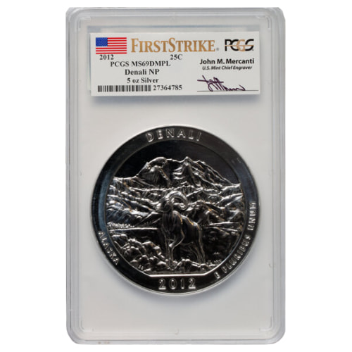 2012 PCGS MS-69 DMPL First Strike 5 oz America the Beautiful Denali Silver Coin - John Mercanti Label
