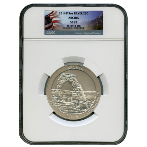 2014-P NGC SP-70 5 oz America The Beautiful Arches Burnished Silver Coin