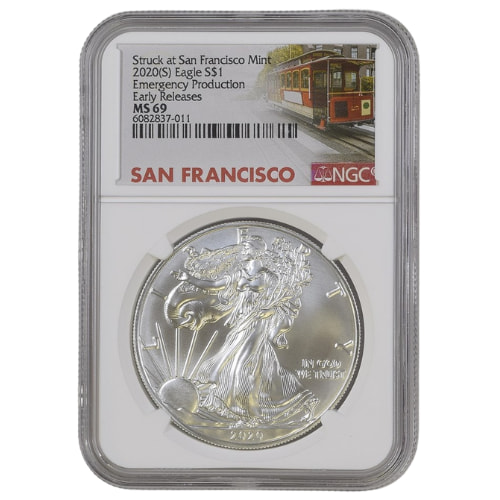 2020-(S) NGC MS-69 Early Releases 1 oz American Silver Eagle Emergency Production with Trolley Label - Struck At San Francisco Mint