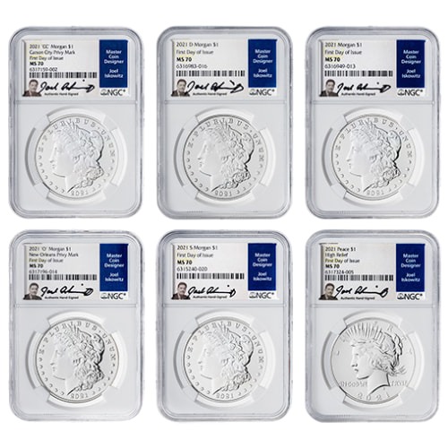 2021 NGC MS-70 First Day of Issue Morgan and Peace Dollar Silver 6-Coin Set - Joel Iskowitz Labels