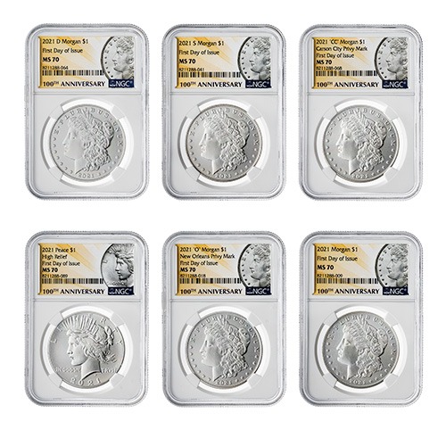 2021 NGC MS-70 First Day of Issue Morgan and Peace Dollar Silver 6-Coin Set - Morgan and Peace Labels