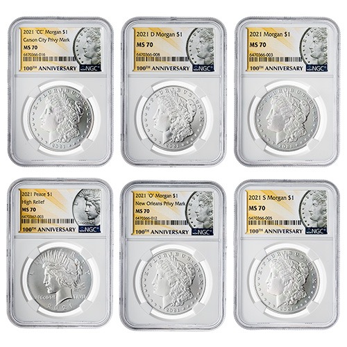 2021 NGC MS-70 Morgan and Peace Dollar Silver 6-Coin Set - Morgan and Peace Labels
