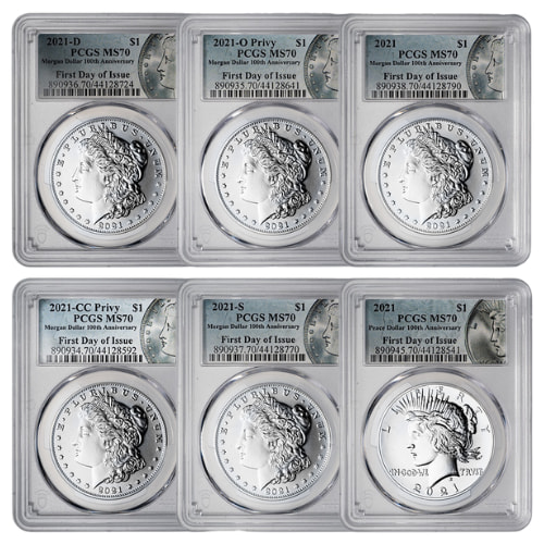 2021 PCGS MS-70 First Day of Issue Morgan and Peace Dollar Silver 6-Coin Set - Morgan and Peace Labels