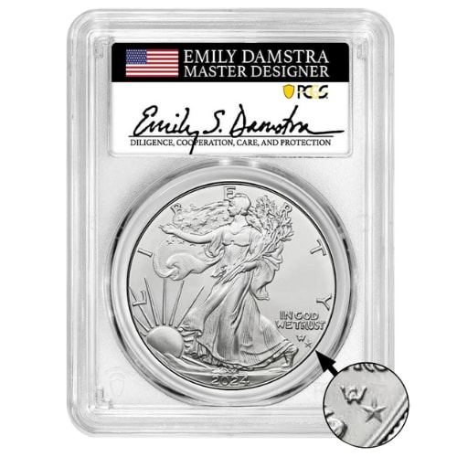 2024-(P) PCGS MS-70 First Day of Issue Star Privy 1 oz American Silver Eagle Coin - Emily Damstra Signed Label