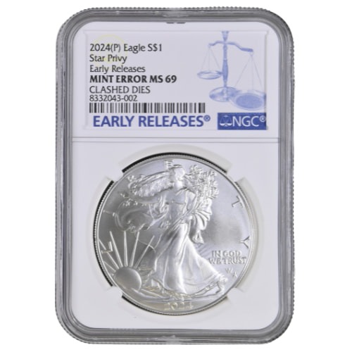 2024-(P) NGC MS-69 Early Releases Star Privy 1 oz American Silver Eagle Coin Mint Error Clashed Dies