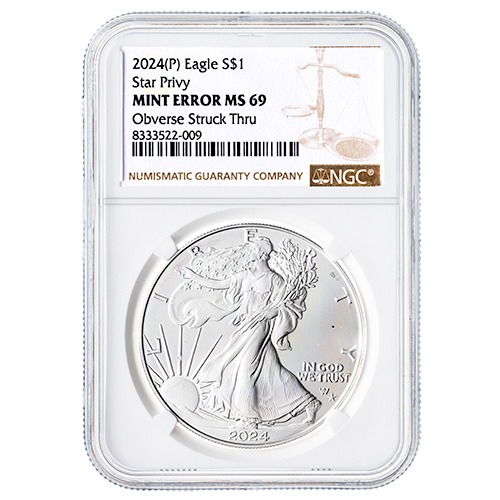2024-(P) NGC MS-69 Early Releases Star Privy 1 oz American Silver Eagle Coin Mint Error Obverse Struck Thru