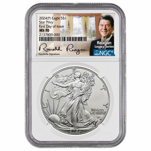 2024-(P) NGC MS-70 First Day of Issue Star Privy 1 oz American Silver Eagle Coin - Exclusive Reagan Label