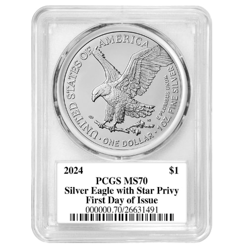 Buy 2024-(P) PCGS MS-70 First Day of Issue Star Privy 1 oz