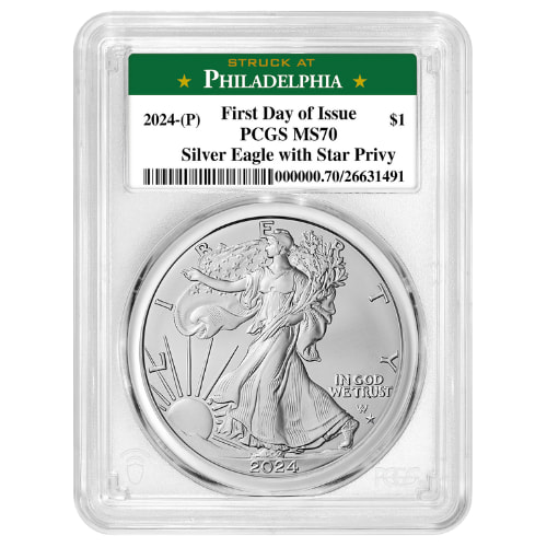 2024-(P) PCGS MS-70 First Day of Issue Star Privy 1 oz American Silver Eagle Coin - Philadelphia Label