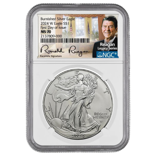 2024-W NGC MS-70 First Day Of Issue 1 oz American Silver Eagle Burnished Coin – Exclusive Reagan Label