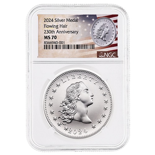 2024 NGC MS-70 1 oz US 230th Anniversary Flowing Hair Silver Medal - Flowing Hair Label