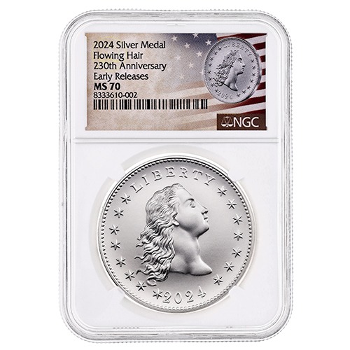 2024 NGC MS-70 Early Releases 1 oz US 230th Anniversary Flowing Hair Silver Medal - Flowing Hair Label