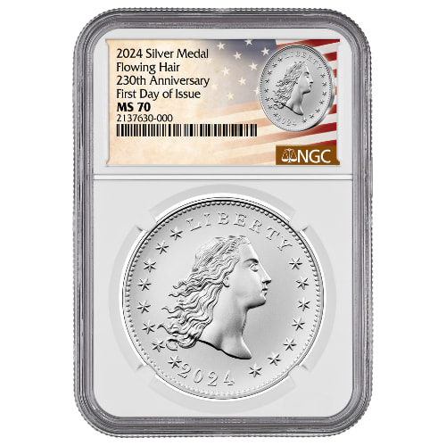 2024 NGC MS-70 First Day of Issue 1 oz US 230th Anniversary Flowing Hair Silver Medal - Flowing Hair Label
