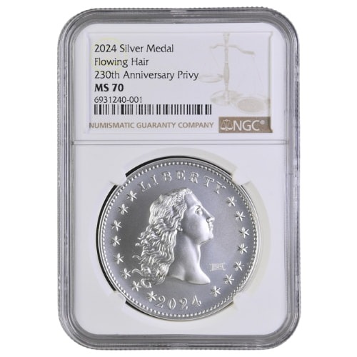 2024 NGC MS-70 1 oz US 230th Anniversary Flowing Hair Silver Medal with Privy Mark - Brown Label